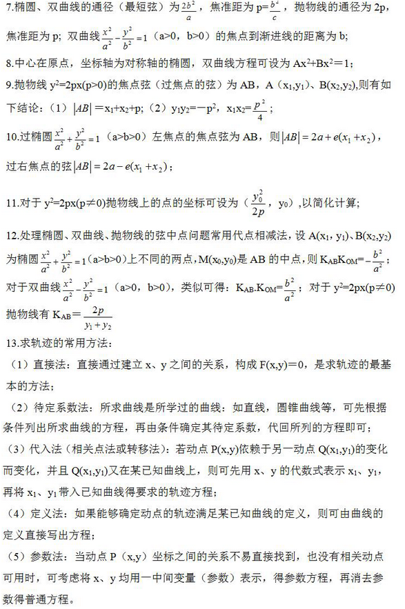 2024年浙江省成考高起点《理数》学习考点笔记（圆锥曲线方程）