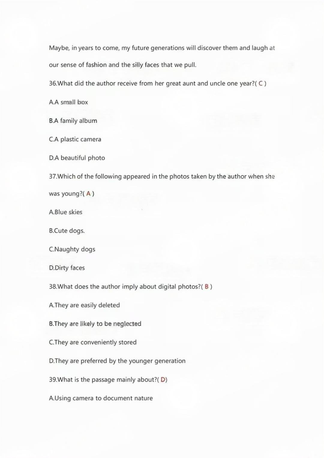 2024年成人高考全国统一考生(专升本英语)真题答案 2024年成人高考全国统一考生(专升本英语)真题答案