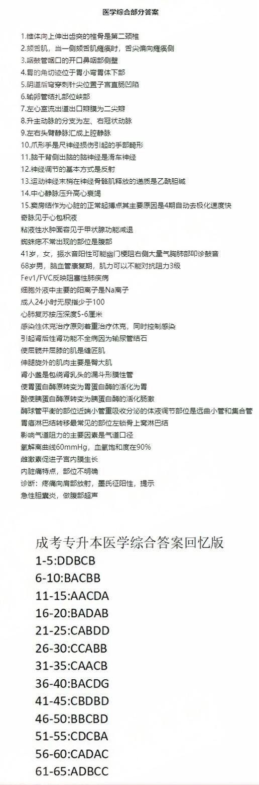 2024年成人高考全国统一考生(专升本医学综合)真题答案 2024年成人高考全国统一考生(专升本医学综合)真题答案