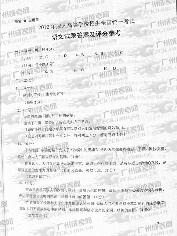 成人高考2012年统一考试语文试题答案及评分参考(图1) 成人高考2012年统一考试语文试题答案及评分参考(图1)