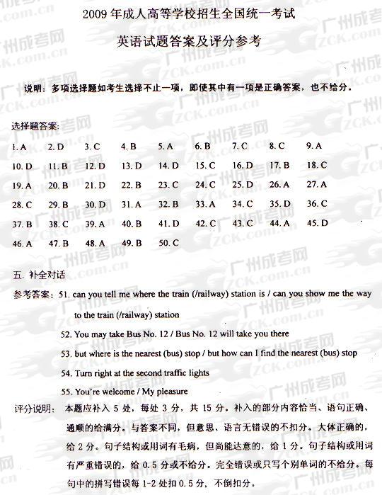 成人高考2009年统一考试英语试题答案及评分参考(图1) 成人高考2009年统一考试英语试题答案及评分参考(图1)