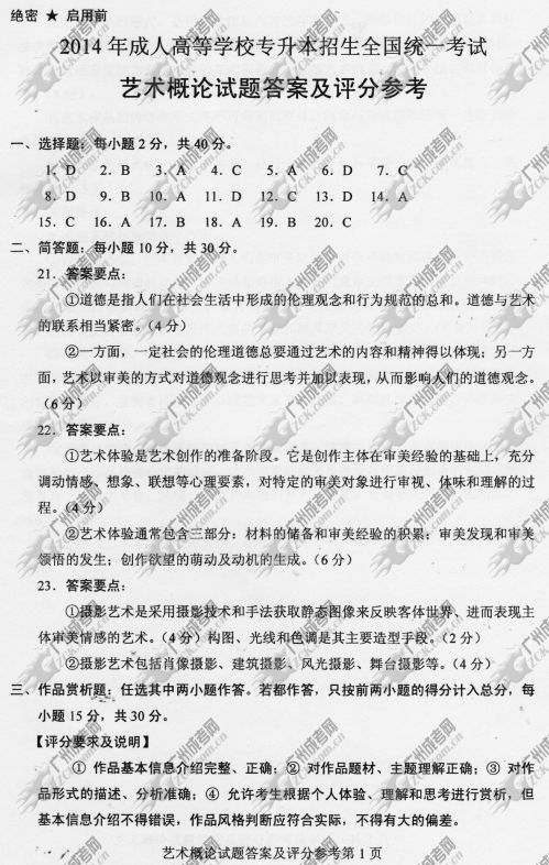 浙江省成人高考2014年统一考试专升本艺术概论真(图1) 浙江省成人高考2014年统一考试专升本艺术概论真题B卷参考答案