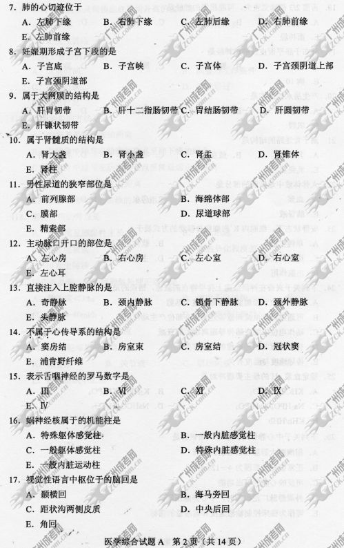 浙江省成人高考2014年统一考试专升本医学综合真(图2) 浙江省成人高考2014年统一考试专升本医学综合真题A卷