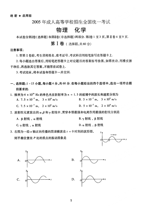 2005年成人高考物理化学试题及答案上(高起点)(图1) 2005年成人高考物理化学试题及答案上(高起点)(图1)