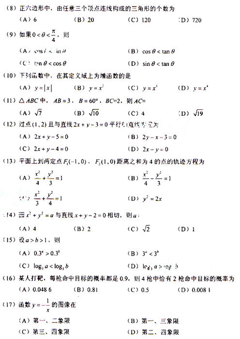 2009年成人高考数学试题及答案(高起点文史类)(图2) 2009年成人高考数学试题及答案(高起点文史类)(图2)