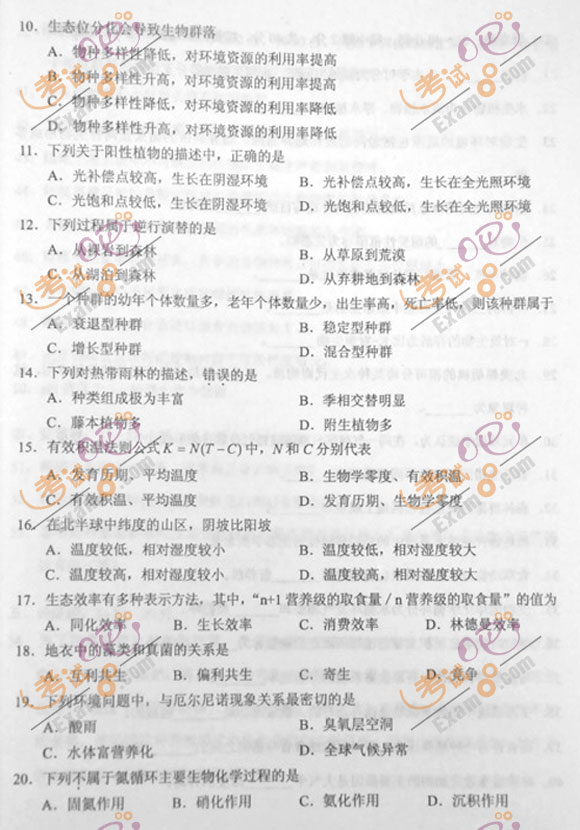 2012成人高考专升本《生态学基础》试题及答案(图2) 2012成人高考专升本《生态学基础》试题及答案(图2)