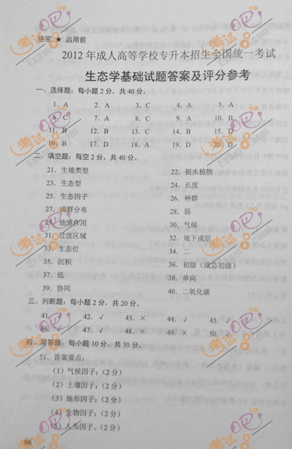 2012成人高考专升本《生态学基础》试题及答案(图5) 2012成人高考专升本《生态学基础》试题及答案(图5)