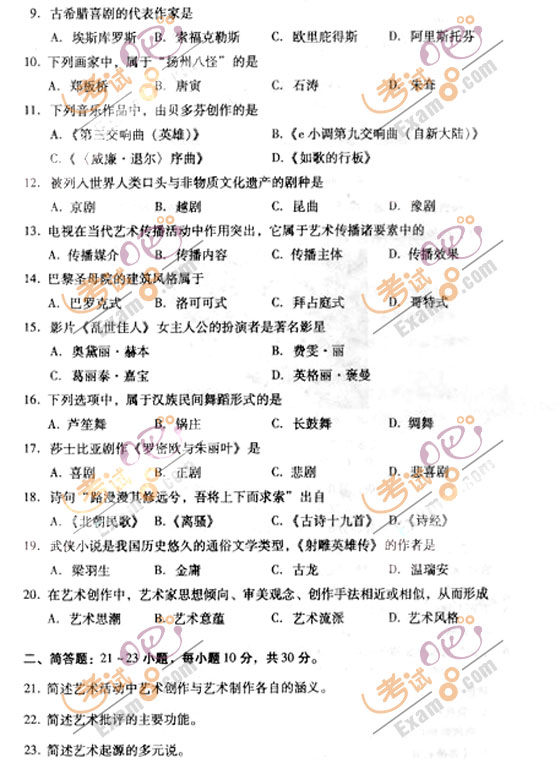 2010成人高考专升本艺术概论试题及答案(图2) 2010成人高考专升本艺术概论试题及答案(图2)